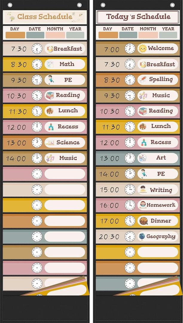 Boho Daily Schedule Pocket Chart for Classroom with 24 Double Sided Cards, Experience Visual Schedule and Back to School Classroom Decorations for Teacher School Supplies, Classroom Must Haves (18+1 Pockets, Black)