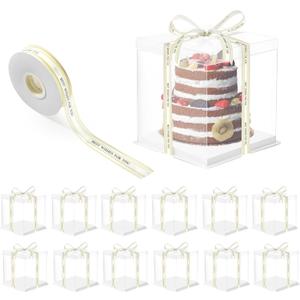 YEUIKERR 12 Pcs Clear Cake Box 7x7x8 Inch Cake Packaging Boxes, Tall Cake Box with Lid and Ribbon, Transparent Cake Box for Bakery, Wedding Birthday Party