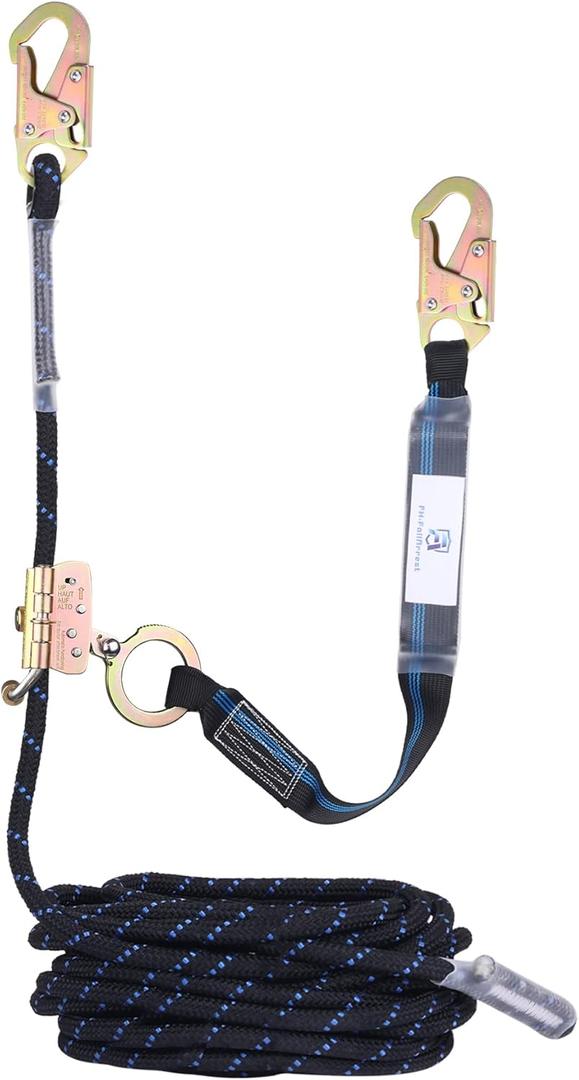 50FT Vertical Lifeline Assembly with Alloy Steel Anti-Panic Rope Grab Snap Hook Shock Absorb Lanyard, Fall Protection Rope Safety Climbing Equipment Roofing Safety Kit, CE ANSI OSHA Rated