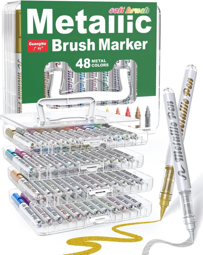 Guangna Metallic Marker Pens, 48 Colors Brush Tip Acrylic Paint Markers for Black Paper, Scrapbooking, Rock Painting, DIY Arts & Crafts, Glass, Wood, Card Making, Scrapbook Supplies