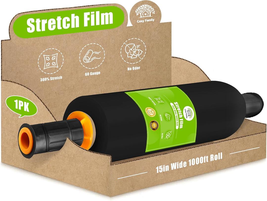 Cosy Family Plastic Wrap Stretch Film Roll - 1000ft 60 Gauge Industrial Strength 15 inch Wide Plastic Wrap Roll with Handles for Pallet Wrapping Shipping Moving - Black, Pack of 1