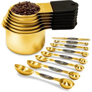 Magnetic Measuring Cups and Spoons Set, Including 7 Stainless Steel Nesting Gold Measuring Cups & 8 Magnetic Gold Measuring Spoons with 1 Leveler for Cooking & Baking