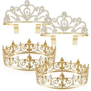 Henoyso 4 Pcs King and Queen Crowns Set Prom King and Queen Tiara Princess Crowns for Women Wedding Birthday Summer Party (Gold Color)