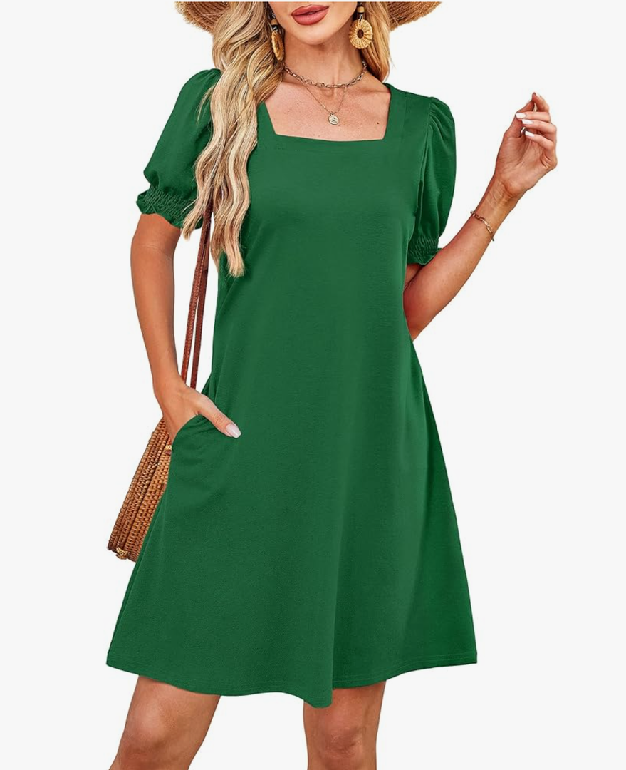 RUMIA Summer Dresses for Women 2025 Casual Cute Square Neck Puff Short Sleeve Dress with Pockets (Green, Small)