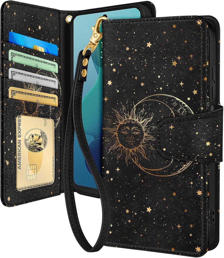 Toycamp for Moto G 5G 2024 Wallet Case with Wrist Strap - Leather Flip Folio Phone Case with RFID Blocking 4 Card Holder for Motorola G 5G 2024 Funda Cute Aesthetic for Women Ladies, Black Sun Moon