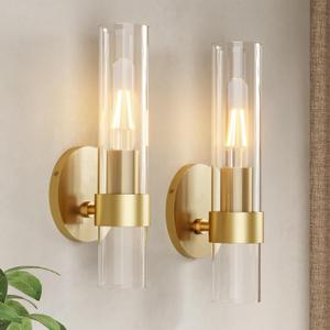 Wall Sconce Set of Two, Hardwired Bathroom Wall Sconces Lighting with Clear Glass, Modern Wall Sconces Set of 2 Wall Light fixtures for Bathroom Mirror Living Room Hallway Bedroom(Gold)