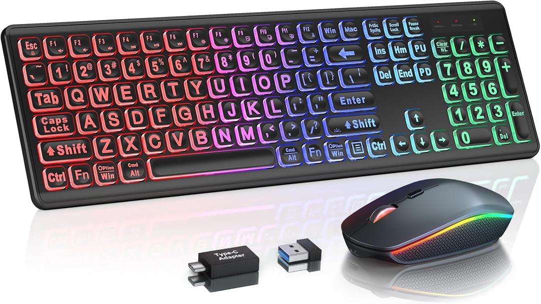 Wireless Keyboard and Mouse Combo, RGB Backlit, Rechargeable & Light Up Letters, Full-Size, Soft Typing, Sleep Mode, 2.4GHz Quiet Keyboard Set for Mac, Windows, Laptop, PC, Trueque (Matte Black)