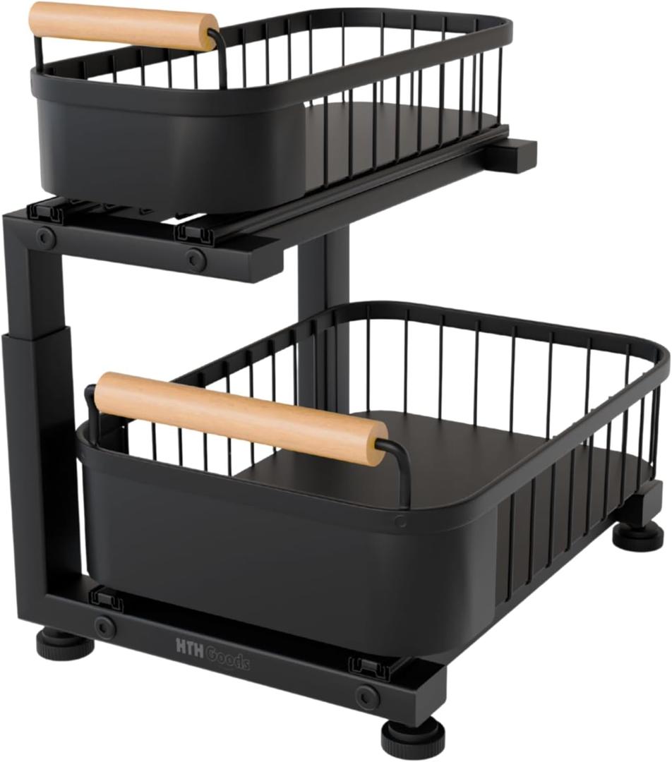 HTH Goods Premium Heavy Duty Carbon Steel Under Sink Organizer, Large 2 Tier Pull Out Cabinet Organizer, 7 Adjustable Heights with Smooth Ball Bearing Sliding Baskets for Bathroom & Kitchen