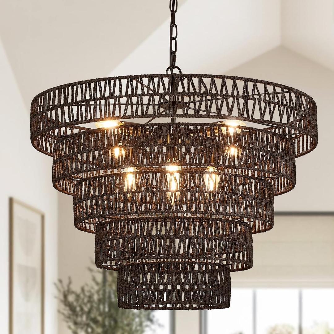 25.6" Black Hand-Woven Rattan Chandelier - Vintage Farmhouse 8-Lights Boho Large Bamboo Light Fixture - Retro 5-Tier Drum Wicker for Dining Room, Kitchen, Bedroom, E12