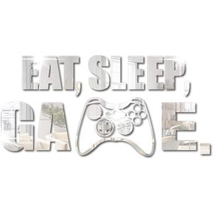 Eat Sleep Game Mirror Wall Decal, Acrylic Gaming Wall Sticker, Gamer Room Decor, Wall Art Quote Sign for Boys Girls Men Bedroom Playroom Studio Video Room (Silver)