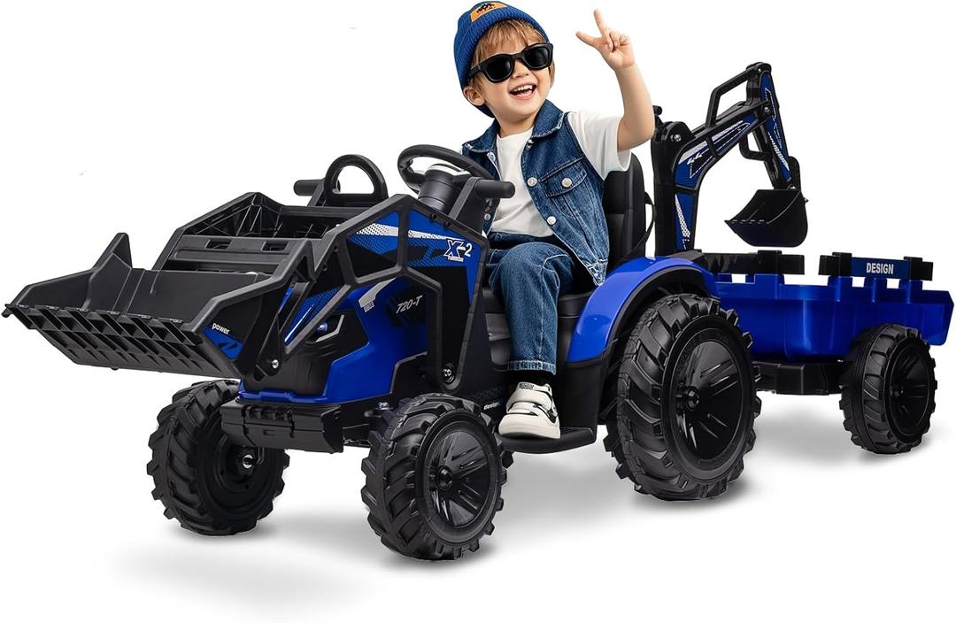 3 in 1 Ride on Tractor, 24V Ride on Toy for Big Kids, Excavator Bulldozer - Battery-Powered Electric Vehicle w/Trailer, Digger, Remote Control, LED Lights, Music, USB, Battery Powered, Blue