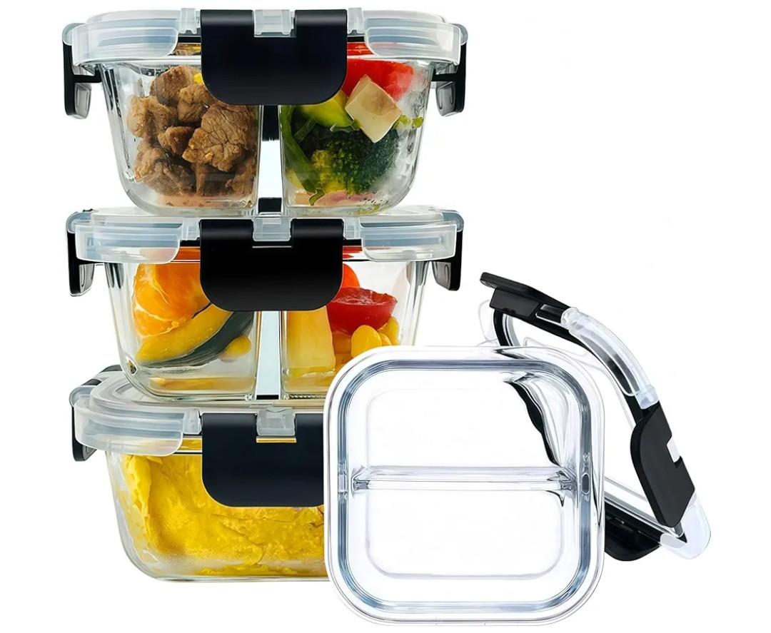 Nafhone Bariatric Meal Prep Containers, 8 oz Glass Bariatric Portion Control Containers with Two 4 oz Compartments (3 Pack), Reusable Lunch Box Bento Box with Lids, Glass Snack Containers with Lids