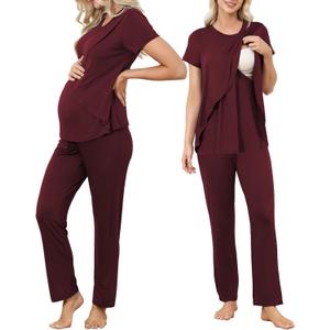 American Trends Maternity Nursing Pajama Set Breastfeeding Labor Pjs Postpartum Lounge Sets for Women Pregnancy Sleepwear (XL, Wine Red)