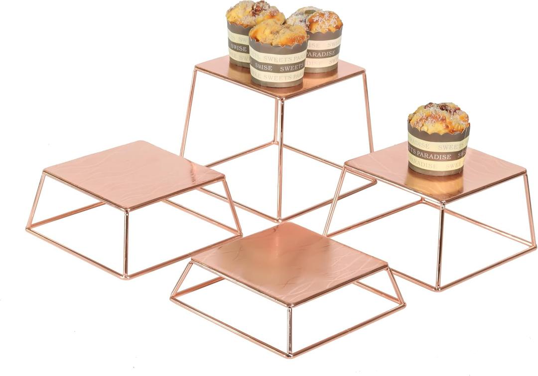 Dessert Table Risers Display Stands Food display Rose gold Metal Square Retail Pizza,Cupcake,Candy Stands Food Platter Tray,6x6 INCH,Set of 4