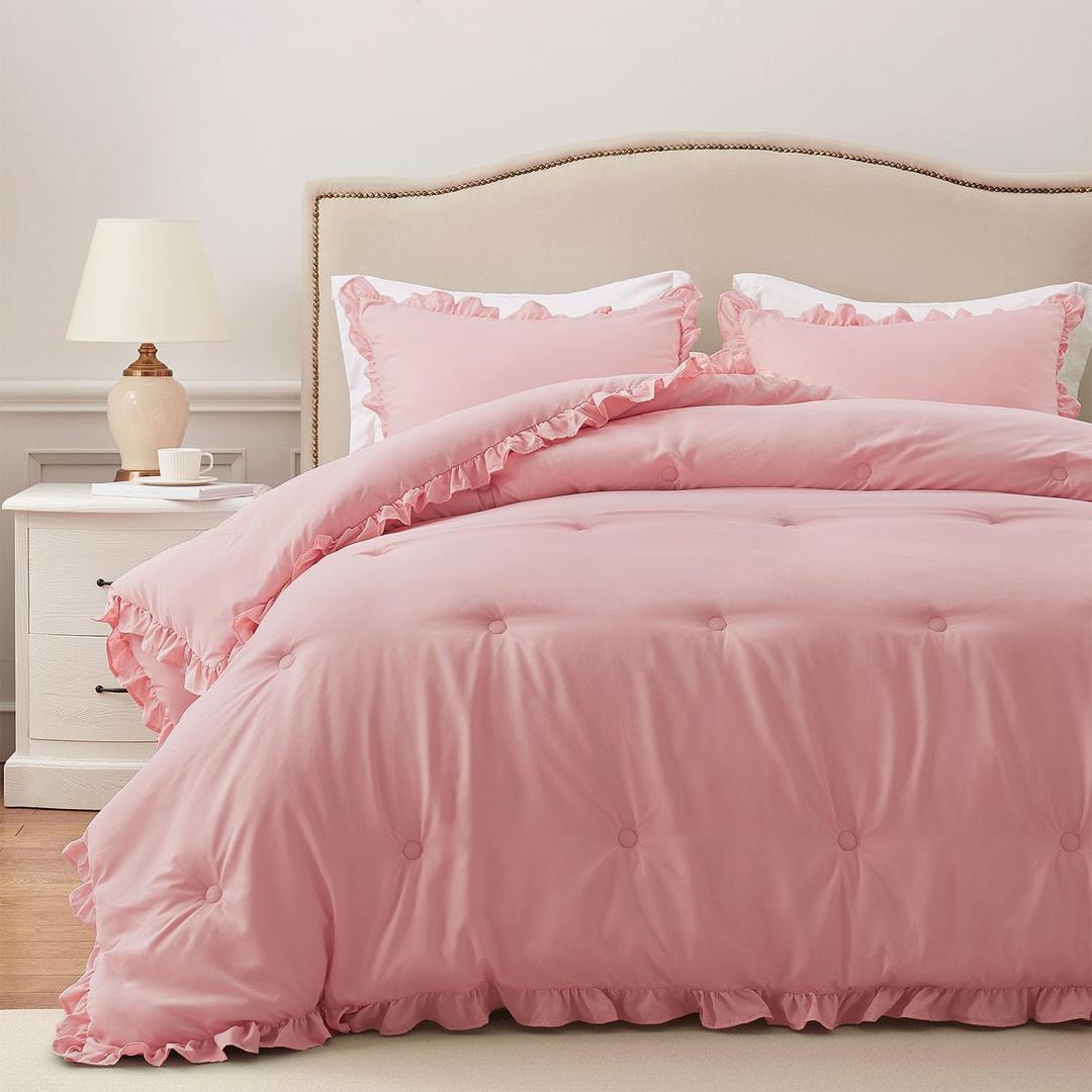 HARBOREST Queen Comforter Set - Pink Ruffle Comforter for Queen Size Bed, Fluffy Comforter Set, 3 Pieces Shabby Chic Bedding with 1 Comforter & 2 Pillow Shams