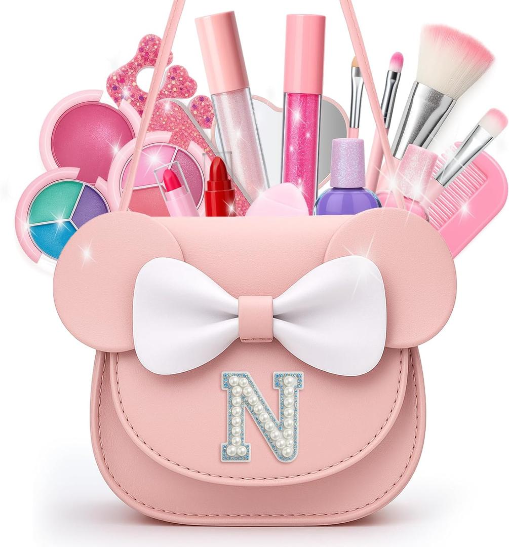 Non Toxic Makeup for Little Girls,Safe Kids Real Makeup Sets for Girls Age 3-8 with Initial N Bag,Play Make Up Kit for Girl Easter Baskets Christmas Birthday Gift Ideas