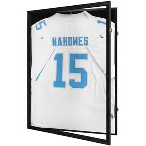 Tieeqe Jersey Frame Display Case-Jersey Display Shadow Box- Lockable Jersey Frame with 2 Wall Hangers and UV Resistant Acrylic-Display Case for Football Baseball Basketball Jersey-Black, Wood