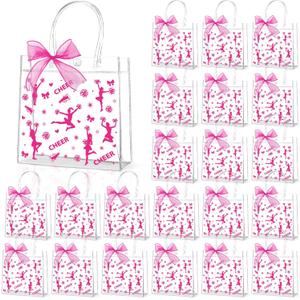 Lonfliness 24Pcs Cheer Clear PVC Gift Bags with Handles And Ribbon Bow Bulk 8 X 8 X 3in Cheerleading Goodie Treat Bags Cheer Team Present Tote Bag for Cheerleader Teammates Party Supplies(Pink)