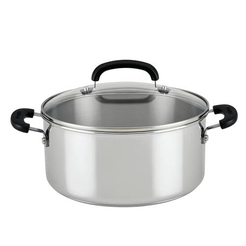Farberware Brilliance Stainless Steel Dutch Oven/Casserole Pan with Glass Lid, 5 Quart, Dishwasher Safe and Induction Ready, Compatible with All Cooktops, Stainless Steel