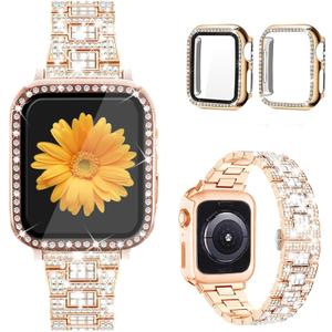 Compatible for Apple Watch Band with Screen Protector Case, Jewelry Replacement Bands 46mm 45mm 44mm 42mm 41mm 40 mm 38mm 2 Pack Protective Cover for iWatch Series 11/10/9/8/7/6/5/4/3/2/1/SE Women