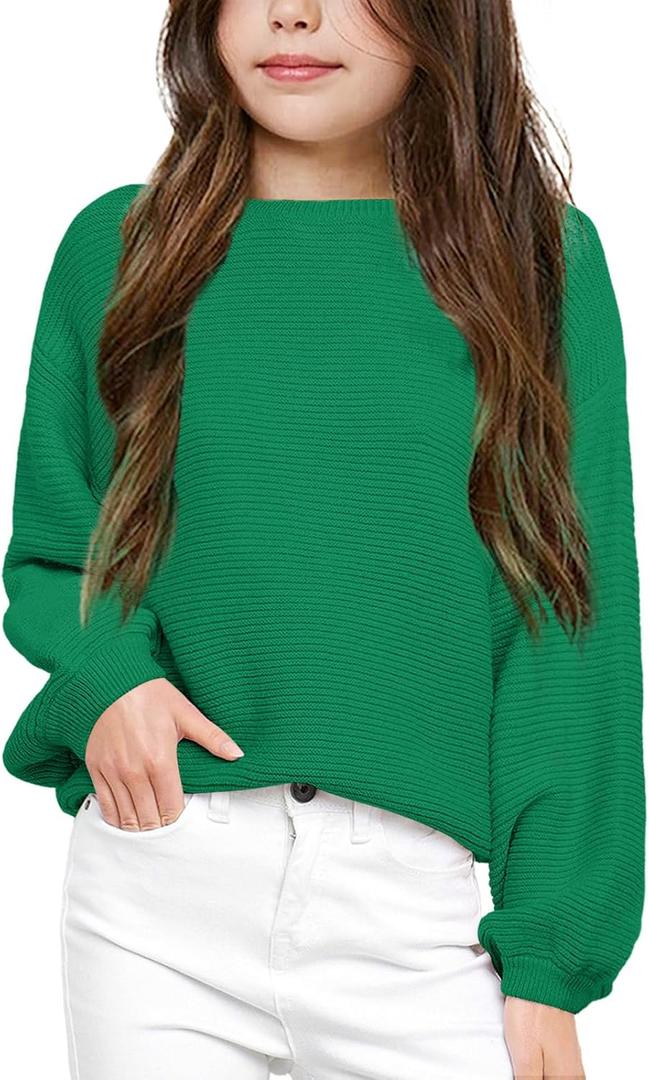 Girls Pullover Sweaters Kids Long Sleeve Drop Shoulder Sweaters Casual Boat Neck Knit Jumper Tops (Green)