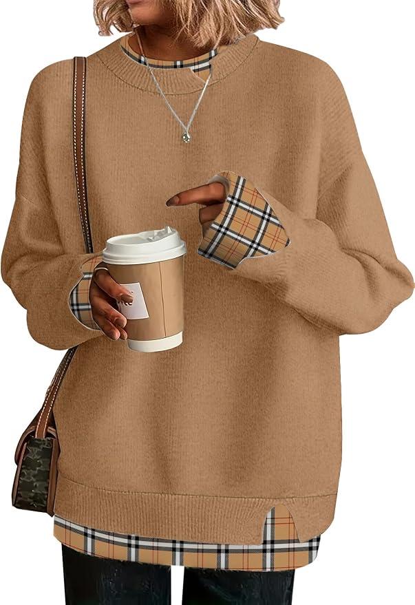 Women Autumn Clothes Fashion Cowboy Chic Knitted Jumper School Teacher Outfits Long Sleeve Pullover, Khaki Medium