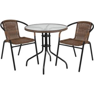 Flash Furniture Lila 28'' Round Glass Metal Table with Dark Brown Rattan Edging and 2 Dark Brown Rattan Stack Chairs