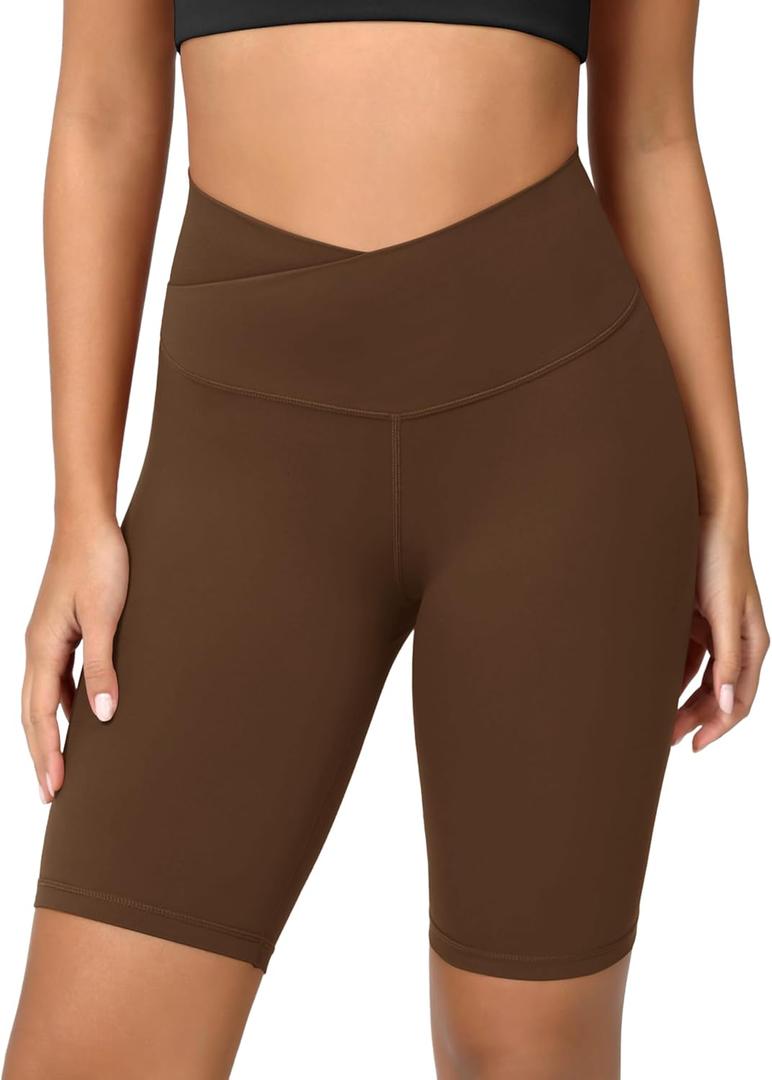ODODOS Women's Crossover Yoga Shorts with Back Pocket, 8" Buttery Soft V High Waist Lounge Biker Shorts, Brunette, Small (Brown, S)