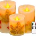 Flameless Candles Lights,Set of 3 Maple Leaf Flickering LED Candles with Remote & Timer, Dimmable LED Pillar Candles Battery Operated, Electric Candles for Thanksgiving Halloween Fall Harvest Decor (Warm)