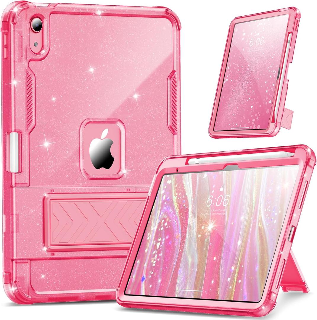 INFILAND Case for iPad A16 11 inch 11th Generation,iPad 10th Generation Case 10.9 Inch Glitter Semi-Transparent, Protective Cute Cover with Stand, Pencil Holder for Girls, Kids, Women (Pink)