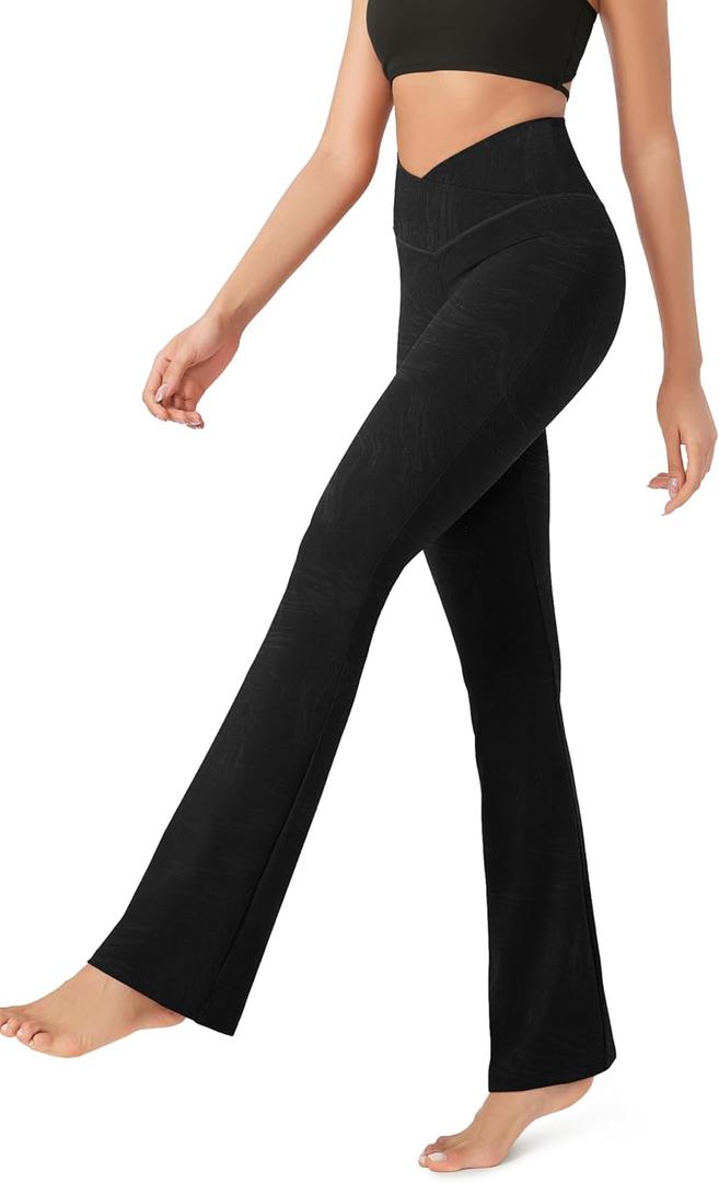 ODODOS Women's Cross Waist Bootcut Yoga Pants with Inner Pocket, Non See Through Bootleg Gym Workout Pants -Inseam 31", Embossed Wave Black, Small