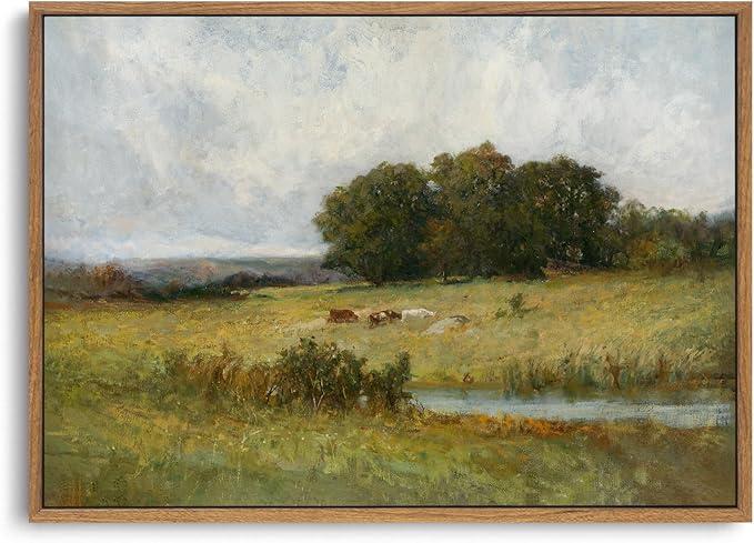 OIQArtOIQ Vintage Landscape Canvas Wall Art Framed Natural Scenery Painting Artwork Prints France Country Wilderness Farmhouse Decor Pictures Kitchen Bedroom Living Room Bathroom, Wild Cow