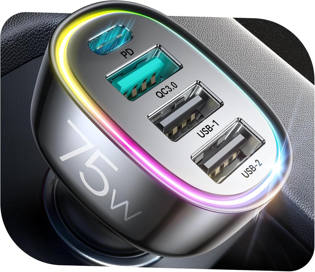 75W Car Charger USB C, 4 Port Super Fast Cigarette Lighter USB Charger, Type C 60W & QC 3.0 Multiport Car Phone Adapter Accessories for iPhone 17/16/15/14/13/12 Pro Samsung S26 Series