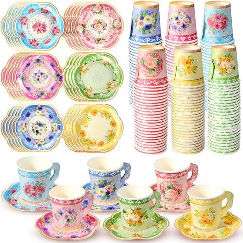 Nuogo 300Pcs Floral Paper Tea Cups and Saucers 7 OZ Disposable Tea Cup with Handle and Plates for Garden Party Supplies Wedding Birthday Baby Shower Bridal Mother's Day, Serve 150 Guest(Fresh Color)