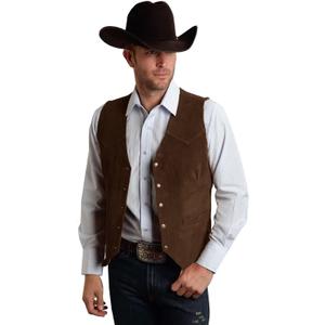 Men's Suede Leather Vest Vintage Cowboy Style Sleeveless Jacket Slim Fit Wedding Waistcoats (Medium, Brown)