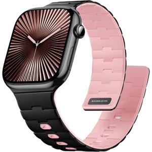 Bandletic Magnetic Silicone Watchband Compatible with Apple Watch Band 44mm 45mm 46mm 49mm 42mm 41mm 40mm 38mm Men Women, Strong Magnet Sport Strap for iWatch Series 11 10 9 8 7 6 5 4 Ultra SE 3 2 1 (Black/Pink)