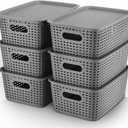 AREYZIN Plastic Storage Baskets Bins With Lid Organizing Container Lidded Knit Storage Organizer Bins for Shelves Drawers Desktop Closet Playroom Classroom Office, 6 Pack (Grey)