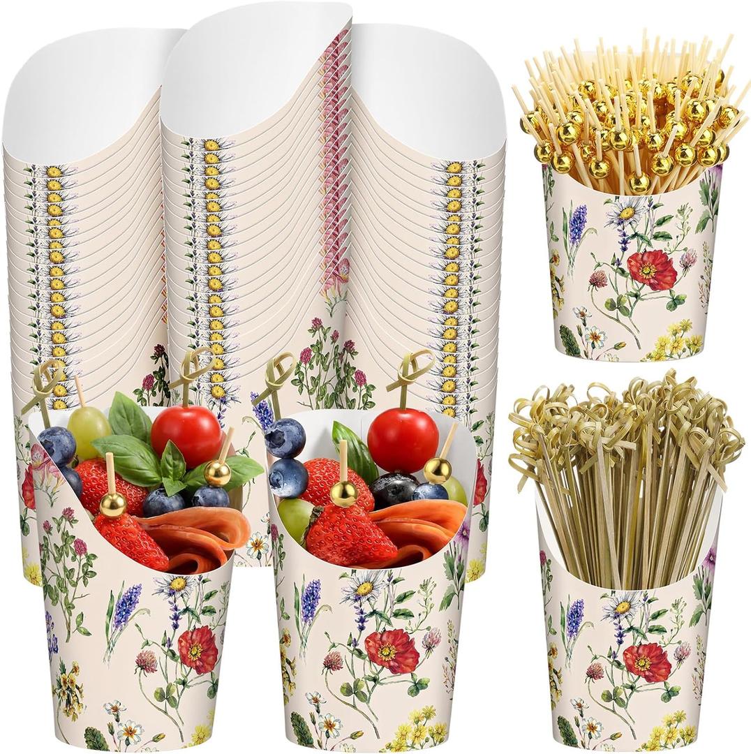 Potchen 250 Pcs Wildflower Charcuterie Cups with Sticks 14 oz 50 Sets Disposable Vintage Flower Snack Appetizer Cups with 200 Cocktail Picks French Fry Holder for Wedding Bridal Party Decorations