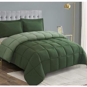 HIG 3pc Green Queen Size Comforter Set - All Season Reversible Down Alternative Bedding Comforter Set - Quilted Duvet Insert with Corner Tabs - Box Stitched Blanket - Breathable, Soft, Fluffy