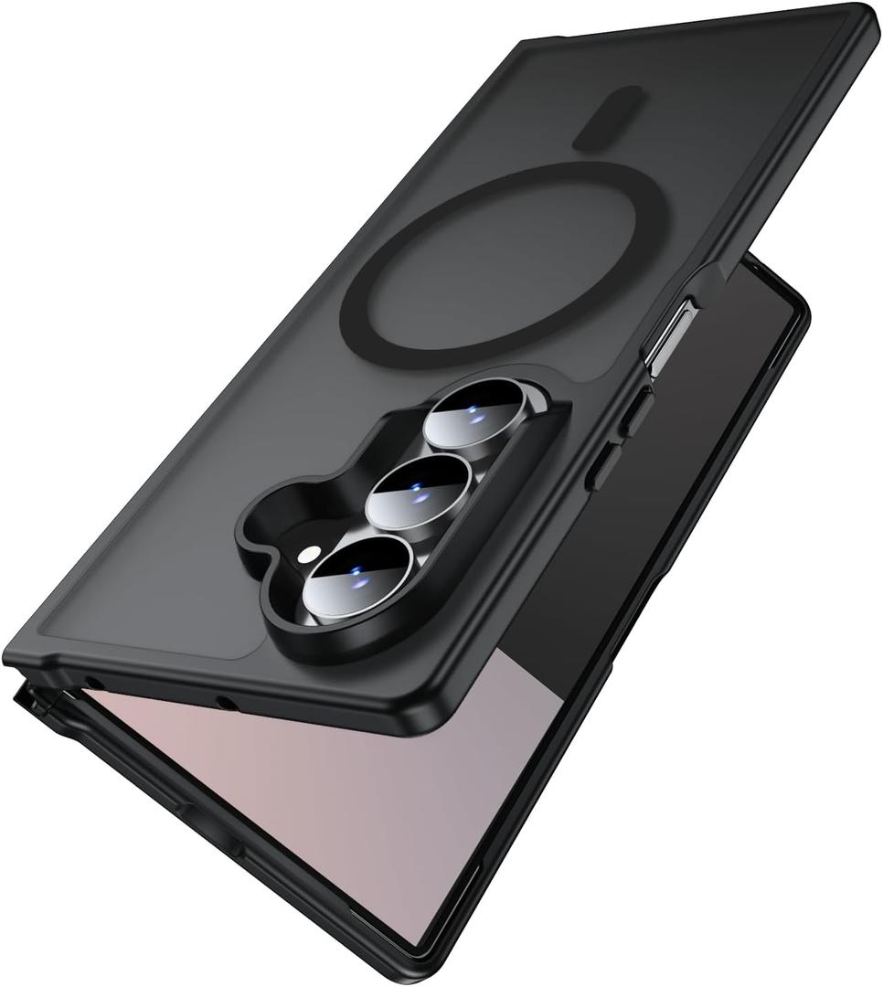 MAKAVO Magnetic for Samsung Galaxy Z Fold 7 Case [Compatible with MagSafe] Slim Translucent Matte Hard Back Cover & Soft Bumper, Fold7 Silicone Shockproof Phone Case, Black
