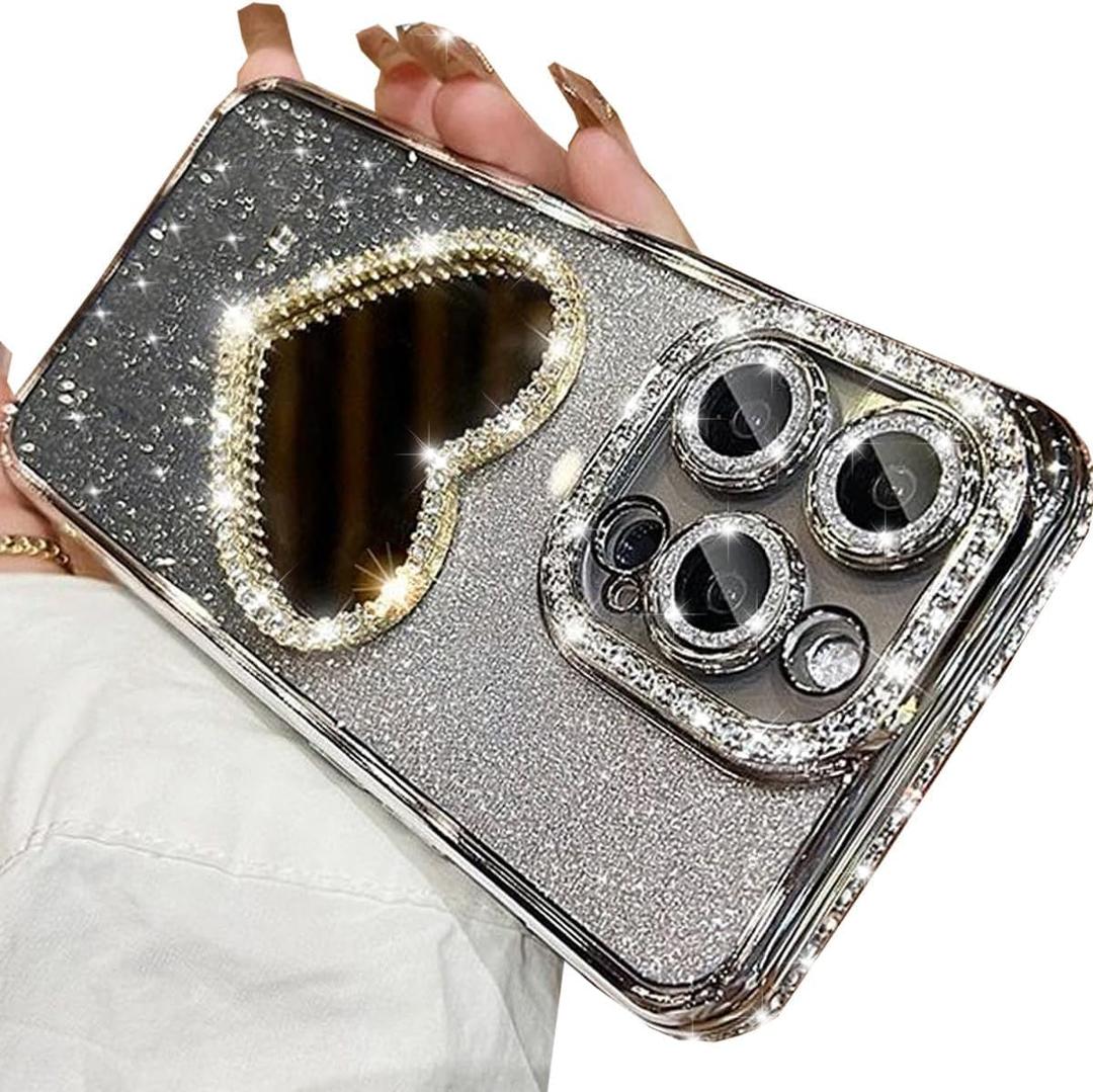 Glitter Mirror Case for iPhone 16 Pro Max, Luxury Diamond Heart Makeup Mirror Bling Sparkly Rhinestones with Camera Protector Plating Bumper Women Girls Case for iPhone 16 Pro Max 6.9", Silver