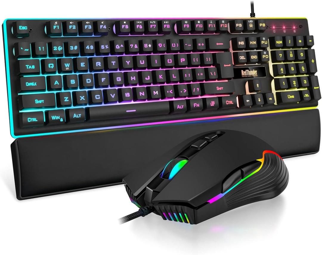 RedThunder K10 Wired Gaming Keyboard and Mouse and Wrist Rest Combo, RGB Backlit, Mechanical Feel Anti-ghosting Keyboard + 7D 7200 DPI Mice+Soft Leather Wrist Rest 3 in 1 PC Gamer Accessories (Black)