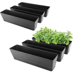 GREANER Rectangle Window Boxes, 6PCS 16x3.8 Inch Black Herb Planters with RemovableTray and Drainage Hole, Succulent Flowers Plastic Pot for Balcony, Office, Windowsill, Garden, Outdoor Decoration Use