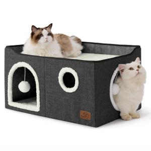 Bedsure Large Cat Beds for Indoor Cats - Extra Wide Cat Cube House for Small Pet with Fluffy Ball Hanging and Scratch Pad, Foldable Pet Cave Hideaway for Multiple Cats, 23.6x16.9x13 inches, Dark Grey