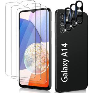 3 x Screen Protector Compatible with Galaxy A14 5G, [3+3 Pack] Camera Lens Protectors, Fingerprint Unlock Support, HD Tempered Glass, Touch Sensitive, Anti Scratch (for Galaxy A14-6.6 Inch)