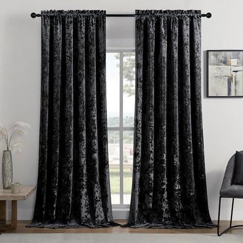 SMILETIME Black Crushed Velvet Curtains 52x96inch Rod Pocket Luxurious Thermal Insulated Soundproof Drapes Soft and Durable Light-Filtering Window Treatments for Living Room Bedroom, 2 Panels