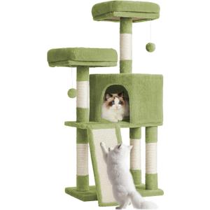 Feandrea Cat Tree, 45.3-Inch Cat Tower, Plush Condo with Scratching Post, Ramp, Perch, Spacious Cave, for Small Space, Grass Green UPCT141C01