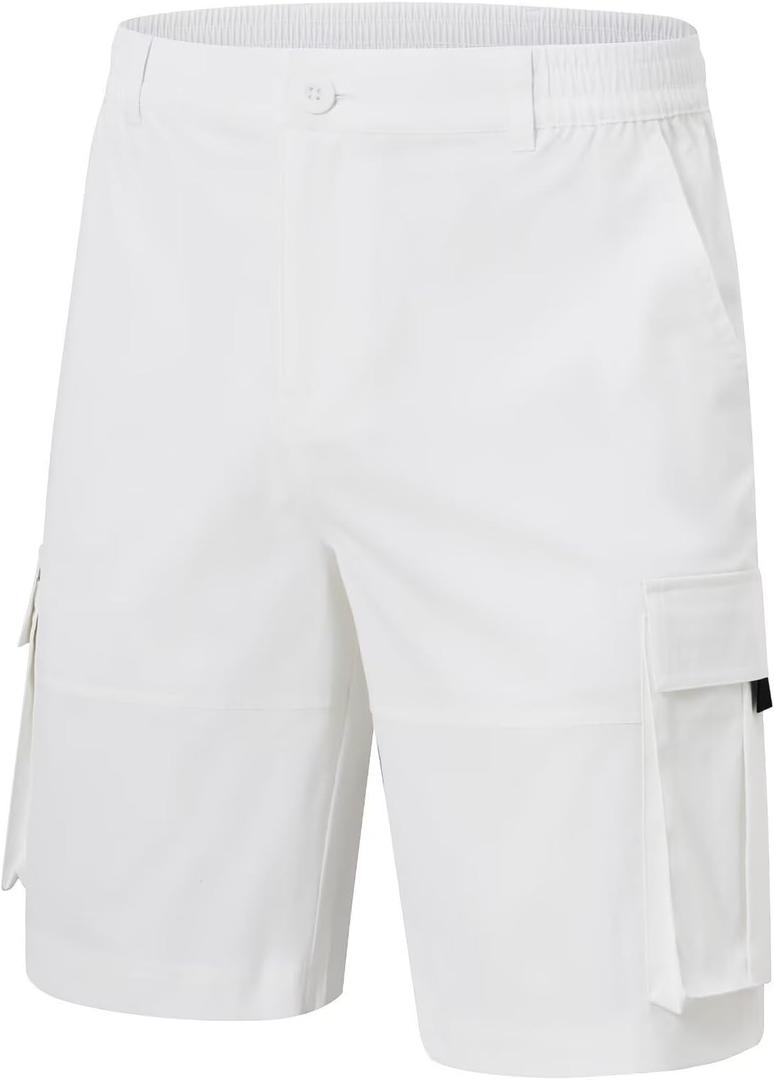 2 x Yundobop Men's Casual 9" Inseam Cargo Shorts Twill Classic Stretch Golf Summer Short with 6 Pockets (White)