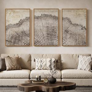 Framed Modern Farmhouse Wall Art for Living Room, 3 Piece Large Neutral Tree Ring Canvas Prints Paintings, Rustic Nature Wood Stump Pictures Artwork for Bedroom Hallway Office Walls Decor, 24x36 Inch, 24"W x 36"Hx 3 Pcs