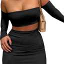 Two Piece Sets for Women Sexy Club Summer Casual Off Shoulders Top Y2K Long Sleeve T-Shirt Mini Dress Outfits D293 Black S